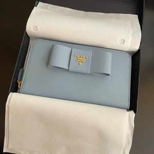 Prada Blue Saffiano Leather Bow Zip Wallet